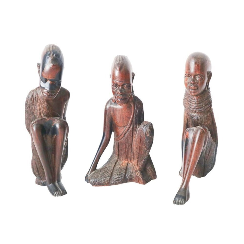 3 Hand-Carved African Tribal Art Ebony Figurines Folk Art